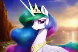 Size: 1920x1280 | Tagged: safe, derpibooru import, editor:dovakkins, machine learning generated, stable diffusion, princess celestia, alicorn, pony, cliff, derpibooru exclusive, female, image, jewelry, looking at you, mare, peytral, png, scenery, scenery porn, smiling, smiling at you, solo, sparkly mane, sparkly tail, tail