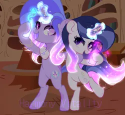 Size: 2933x2700 | Tagged: safe, artist:harmonyvitality-yt, derpibooru import, oc, unofficial characters only, pony, unicorn, base used, beer bottle, bipedal, bottle, ethereal mane, female, glow, glowing horn, grin, heterochromia, horn, image, indoors, magic, makeup, mare, offspring, parent:flash sentry, parent:twilight sparkle, parents:flashlight, png, side hug, smiling, starry mane, telekinesis, unicorn oc