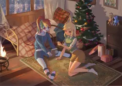 Size: 4961x3508 | Tagged: safe, artist:靖友, derpibooru import, applejack, rainbow dash, equestria girls, appledash, bed, blushing, book, carpet, christmas, christmas presents, christmas tree, clothes, curtains, female, fireplace, holiday, image, jpeg, lesbian, one eye closed, open mouth, photo frame, pillow, plushie, shipping, skirt, snow, socks, tree, window