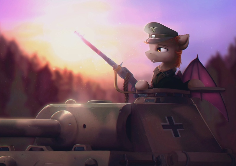 Size: 2048x1438 | Tagged: safe, artist:itssim, derpibooru import, oc, oc:devin, unofficial characters only, bat pony, pony, ammunition, balkenkreuz, bat pony oc, bat wings, camouflage, cannon, clothes, commander, german, gun, hat, historically accurate footage, image, insignia, jpeg, machine gun, male, morning, nazi, outdoors, panther (tank), panzer, scenery, scenery porn, schutzstaffel, stallion, sunshine, tank (vehicle), totenkopf, tree, uniform, vehicle, war, weapon, wings, world war ii