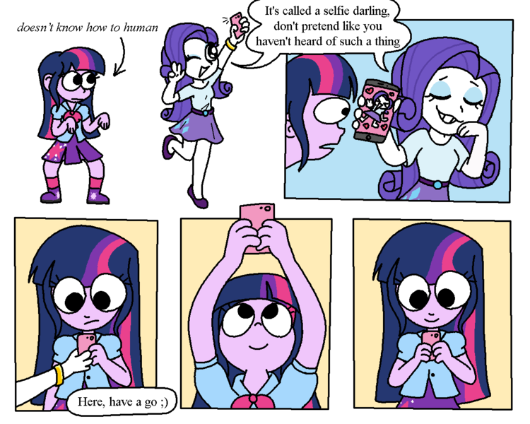 Size: 1251x1001 | Tagged: safe, artist:notfocks, derpibooru import, part of a set, rarity, twilight sparkle, human, equestria girls, comic, curious, cute, fabulous, female, funny, image, phone, png, selfie, text