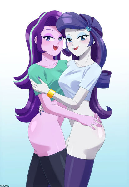 Size: 550x800 | Tagged: suggestive, artist:riouku, derpibooru import, rarity, starlight glimmer, human, equestria girls, ass, bedroom eyes, blushing, bottomless, butt, clothes, commission, duo, duo female, female, females only, hug, humanized, image, jpeg, lesbian, looking at you, nail polish, nudity, open mouth, partial nudity, shipping, shirt, socks, starity, stockings, t-shirt, thigh highs