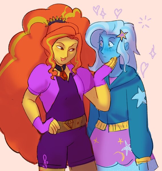 Size: 1216x1280 | Tagged: safe, artist:ritaleijon, derpibooru import, adagio dazzle, trixie, equestria girls, female, image, jpeg, lesbian, shipping, triagio