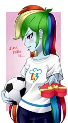 Size: 1225x2200 | Tagged: safe, artist:nekojackun, derpibooru import, rainbow dash, human, equestria girls, ball, blushing, clothes, eyebrows, female, football, frown, heart, holiday, image, looking away, nudity, pants, png, solo, sports, teeth, tsunderainbow, tsundere, valentine's day