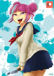 Size: 707x1000 | Tagged: safe, artist:uotapo, derpibooru import, sour sweet, equestria girls, clothes, female, himiko toga, image, jpeg, knife, looking at you, my hero academia, open mouth, patreon, patreon logo, school uniform, solo, tongue out, yandere
