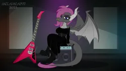 Size: 8000x4500 | Tagged: safe, alternate version, artist:metalhead97, derpibooru import, oc, oc:veitie, anthro, dragon, amp, anthro oc, boots, clothes, corset, dragoness, dress, eyeliner, female, guitar, image, looking at you, makeup, metalhead, musical instrument, nose piercing, outfit, piercing, png, presenting, recording studio, shoes, show accurate, spread wings, wings
