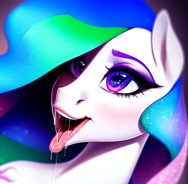 Size: 2960x2900 | Tagged: suggestive, derpibooru import, machine learning generated, purplesmart.ai, stable diffusion, princess celestia, bedroom eyes, cute, cutelestia, drool, excited, eyes on the prize, happy, image, missing horn, open mouth, png, tongue out, wingless alicorn