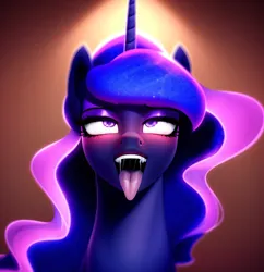 Size: 2900x3000 | Tagged: suggestive, derpibooru import, machine learning generated, purplesmart.ai, stable diffusion, princess luna, ahegao, aroused, bedroom eyes, drool, image, imminent oral, imminent sex, open mouth, oral invitation, png, seductive look, tongue out, wrong eye color