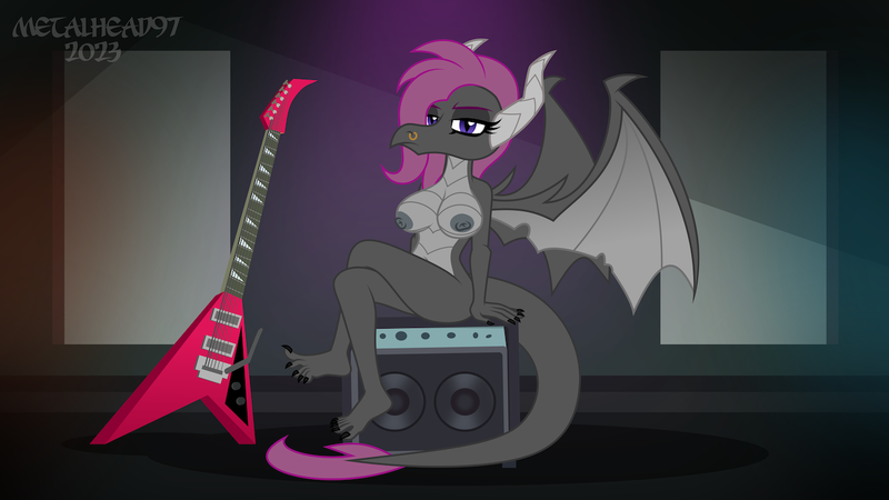 Size: 1280x720 | Tagged: questionable, alternate version, artist:metalhead97, derpibooru import, oc, oc:veitie, anthro, dragon, amp, anthro oc, barefoot, big breasts, breasts, clothes, dragoness, dress, eyeliner, feet, female, guitar, image, looking at you, makeup, metalhead, musical instrument, nipples, nose piercing, nudity, outfit, piercing, png, presenting, recording studio, show accurate, spread wings, wings