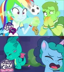Size: 1500x1686 | Tagged: safe, derpibooru import, edit, official, screencap, misty, rainbow dash, sparky sparkeroni, dragon, pony, unicorn, equestria girls, equestria girls series, my little pony: tell your tale, sock it to me, spoiler:eqg series (season 2), spoiler:g5, spoiler:my little pony: tell your tale, spoiler:tyts01e31, baby, baby dragon, bust, clothes, disgusted, fart, fart joke, female, g5, haunted house (episode), image, jpeg, male, mare, out of context, smelly, socks, toilet humor, tongue out, why, you know for kids, youtube
