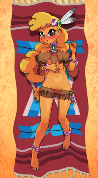 Size: 3000x5400 | Tagged: suggestive, artist:xion-001, derpibooru import, little strongheart, human, equestria girls, barefoot, belly button, body pillow, body pillow design, equestria girls-ified, feet, female, image, native american, png, pubic hair, pubic hair slip, solo, solo female