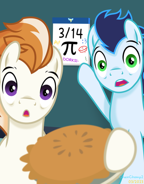 Size: 2200x2800 | Tagged: safe, artist:chainchomp2, derpibooru import, fire streak, soarin', pegasus, pony, :o, calendar, duo, duo male, food, high res, image, male, meme, open mouth, pi, pi day, pie, png, pointing, ponified meme, selfie, soft shading, soyjak, stallion, that pony sure does love pies, vector, wojak, wonderbolts