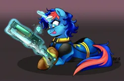 Size: 3643x2373 | Tagged: safe, artist:dragonfoxgirl, derpibooru import, oc, oc:ryo, unofficial characters only, pony, unicorn, fallout equestria, clothes, image, jpeg, laser rifle, solo, vault suit