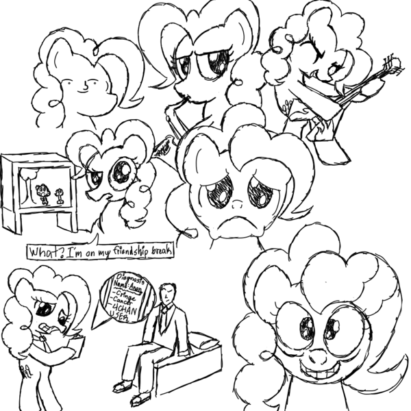 Size: 1000x1000 | Tagged: safe, artist:scootaloormayfly, derpibooru import, pinkie pie, oc, oc:anon, earth pony, human, pony, black and white, grayscale, guitar, image, le lenny face, looking at you, monochrome, musical instrument, necktie, png, sad, saxophone, simple background, sketch, sketch dump, television, text, white background