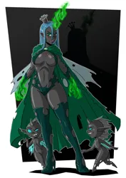 Size: 1280x1811 | Tagged: suggestive, artist:new-ereon, derpibooru import, queen chrysalis, changeling, changeling queen, monster girl, equestria girls, breasts, busty queen chrysalis, cape, clothes, elf ears, equestria girls-ified, female, glow, glowing hands, glowing horn, horn, image, jpeg, outline, passepartout, solo focus, white outline