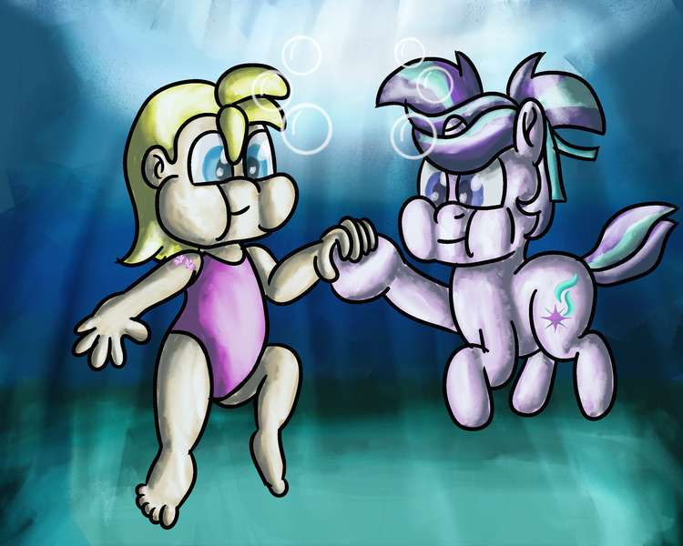 Size: 3000x2400 | Tagged: safe, artist:saburodaimando, derpibooru import, starlight glimmer, oc, oc:wanda young, human, pony, unicorn, female, filly, filly starlight glimmer, holding breath, human oc, image, png, puffy cheeks, starlight glimmer day, underwater, water, younger