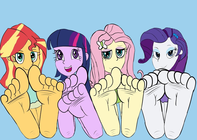 Size: 3800x2700 | Tagged: suggestive, alternate version, artist:weirdo6264, derpibooru import, fluttershy, rarity, sunset shimmer, twilight sparkle, human, equestria girls, barefoot, bedroom eyes, blue background, cyan background, feet, fetish, foot fetish, foot focus, image, jpeg, open mouth, simple background, sitting, soles, textless, toes