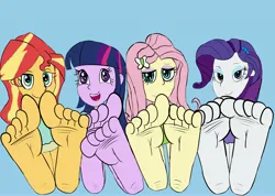 Size: 3800x2700 | Tagged: suggestive, alternate version, artist:weirdo6264, derpibooru import, fluttershy, rarity, sunset shimmer, twilight sparkle, human, equestria girls, barefoot, bedroom eyes, blue background, cyan background, feet, fetish, foot fetish, foot focus, image, jpeg, open mouth, simple background, sitting, soles, textless, toes