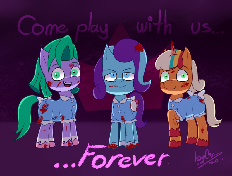 Size: 1996x1510 | Tagged: semi-grimdark, artist:ismazhecat, derpibooru import, earth pony, pegasus, pony, unicorn, my little pony: tell your tale, spoiler:g5, spoiler:my little pony: tell your tale, spoiler:tyts01e30, blood, blood stains, female, filly, foal, g5, glory (g5), image, looking at you, nightmare night party, peach fizz, pippsqueak trio, pippsqueaks, png, purple background, seashell (g5), simple background, staring into your soul, the grady girls, the shining