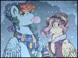 Size: 1280x960 | Tagged: safe, artist:binibean, derpibooru import, fluttershy, rainbow dash, pegasus, pony, alternate hairstyle, bubblegum, clothes, coat, duo, female, food, gum, hat, image, jpeg, looking up, mare, scarf, snow, snowfall, winter outfit