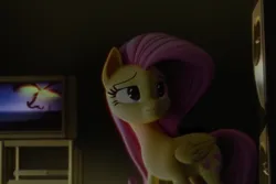 Size: 768x512 | Tagged: safe, derpibooru import, machine learning generated, fluttershy, pegasus, pony, 3d, 3d model, blurry background, cutie mark, eyes open, fake, image, pink hair, pink mane, png, realistic, room, sad, sad face, solo, television, vhs, watching