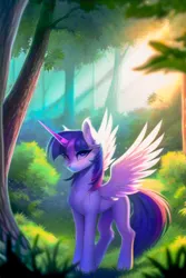 Size: 1152x1728 | Tagged: safe, derpibooru import, machine learning generated, novelai, stable diffusion, twilight sparkle, twilight sparkle (alicorn), alicorn, pony, female, forest, grass, horn, image, jpeg, mare, outdoors, scenery, solo, spread wings, standing, tail, tree, wings