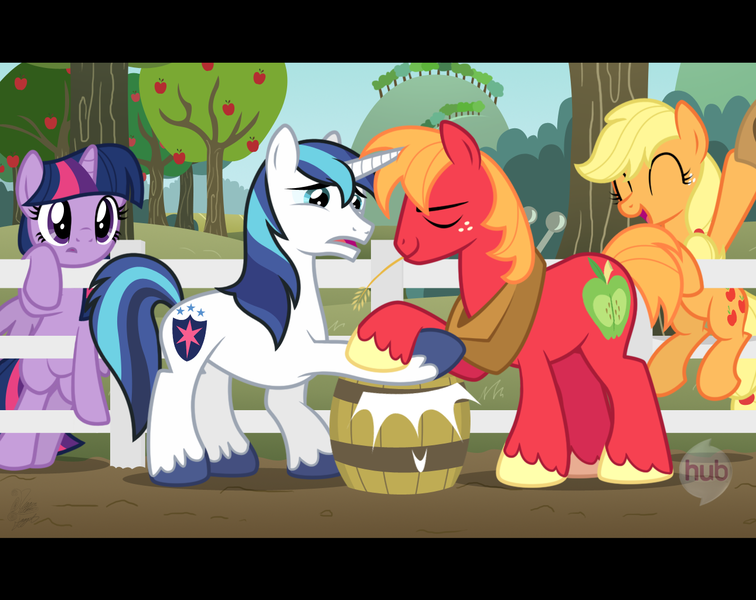 Size: 1290x1024 | Tagged: safe, artist:niggerfaggot, derpibooru import, applejack, big macintosh, shining armor, twilight sparkle, twilight sparkle (alicorn), alicorn, earth pony, pony, unicorn, 2013, ^^, bipedal, eyes closed, fake screencap, female, hoofwrestle, hub logo, i can't believe it's not hasbro studios, image, logo, male, mare, png, show accurate, siblings, stallion, the hub