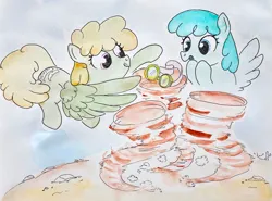 Size: 1911x1414 | Tagged: safe, artist:mandumustbasukanemen, derpibooru import, dust devil, spring melody, sprinkle medley, pegasus, pony, amazed, duo, female, goggles, image, jpeg, mare, tongue out, tornado, traditional art, watercolor painting, wind