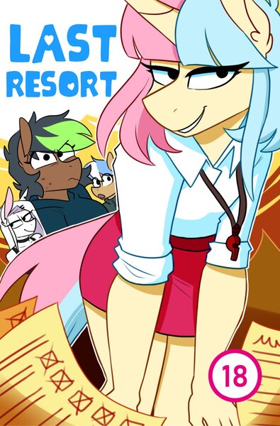 Size: 1031x1566 | Tagged: suggestive, artist:redxbacon, derpibooru import, oc, oc:atom bit, oc:candy floss (redxbacon), oc:pixel bite, oc:rubber bunny, unofficial characters only, anthro, earth pony, unicorn, comic:last resort, clothes, crossdressing, earth pony oc, explicit source, femboy, horn, image, jpeg, male, skirt, unicorn oc