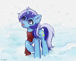 Size: 2500x2000 | Tagged: safe, artist:shelti, derpibooru import, minuette, pony, unicorn, clothes, female, high res, image, mare, open mouth, png, raised hoof, scarf, signature, snow, snowfall, solo, winter