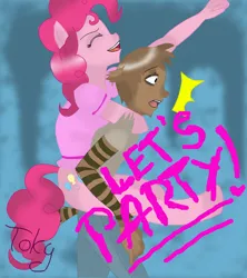 Size: 1024x1155 | Tagged: safe, artist:tokyogirly, derpibooru import, pinkie pie, anthro, earth pony, human, raccoon, unguligrade anthro, abstract background, crossover, crossover shipping, female, humanized, image, jpeg, male, off model, regular show, rigby, rigbypie, shipping, straight, text