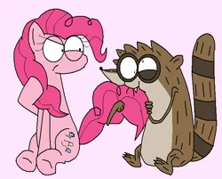 Size: 615x495 | Tagged: safe, artist:calliexsunshine, derpibooru import, pinkie pie, earth pony, pony, raccoon, angry, biting, crossover, crossover shipping, derp, female, image, male, pink background, png, raised tail, regular show, rigby, rigbypie, shipping, simple background, straight, tail