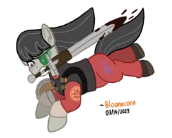 Size: 561x448 | Tagged: safe, alternate version, artist:bloonacorn, derpibooru import, octavia melody, earth pony, pony, /mlp/ tf2 general, demoknight, demoman, image, mouth hold, png, sword, team fortress 2, weapon