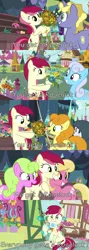 Size: 1280x3600 | Tagged: safe, derpibooru import, edit, edited screencap, editor:roseluck, screencap, carrot top, daisy, flower wishes, golden harvest, lily, lily valley, linky, ponet, rarity, roseluck, shoeshine, earth pony, pony, unicorn, it isn't the mane thing about you, student counsel, bipedal, bouquet, caption, comic, derpibooru exclusive, female, flower, glue, grin, happy, high res, holding, horn, image, looking at each other, looking at someone, looking at something, male, mare, market, meta, mouth hold, open mouth, open smile, outdoors, png, ponyville, screencap comic, sitting, smiling, smiling at each other, stallion, standing, stick, tail, text, wall of tags