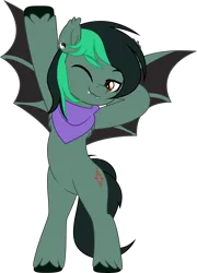 Size: 3590x5000 | Tagged: safe, artist:jhayarr23, derpibooru import, oc, oc:target strike, unofficial characters only, bat pony, bandana, bat pony oc, bat wings, bipedal, ear piercing, earring, fangs, image, jewelry, one eye closed, piercing, png, simple background, solo, standing, stretching, transparent background, unshorn fetlocks, wings, wink