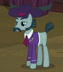 Size: 1511x1727 | Tagged: safe, derpibooru import, screencap, turner mccolt, earth pony, pony, season 5, the hooffields and mccolts, clothes, eyebrows, facial hair, hat, image, jpeg, male, mccolt family, moustache, sideburns, solo, stallion, suit