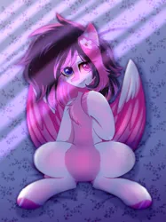 Size: 1867x2500 | Tagged: safe, artist:leah minik, derpibooru import, oc, oc:lunylin, unofficial characters only, pegasus, pony, bed, chest fluff, colored belly, colored wings, commission, cute, eye clipping through hair, eyebrows, eyebrows visible through hair, female, flower, flower in hair, full body, heterochromia, image, looking at you, lying down, mare, on back, on bed, partially open wings, pegasus oc, png, raised hoof, smiling, smiling at you, solo, two toned mane, two toned wings, wings