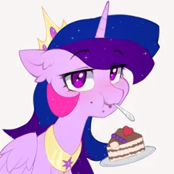 Size: 722x722 | Tagged: safe, artist:astralblues, derpibooru import, oc, oc:morning star, unofficial characters only, alicorn, pony, cake, cake slice, female, food, image, mare, png, simple background, solo, white background