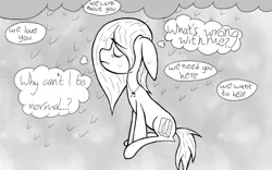 Size: 641x401 | Tagged: safe, artist:script singer, derpibooru import, oc, oc:script singer, unofficial characters only, earth pony, pony, black and white, grayscale, image, monochrome, png, rain, solo