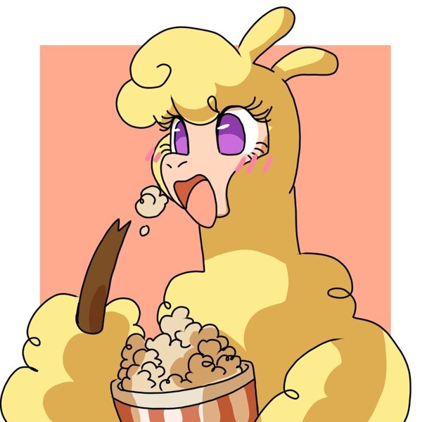 Size: 1080x1080 | Tagged: safe, artist:malt cat, derpibooru import, alpaca, them's fightin' herds, blushing, community related, eating, female, fluffy, food, image, jpeg, open mouth, paprika (tfh), popcorn, solo