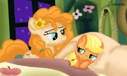 Size: 1200x720 | Tagged: safe, artist:mlplary6, derpibooru import, applejack, pear butter, earth pony, pony, bed, female, filly, filly applejack, foal, image, lying down, mare, mother and child, mother and daughter, png, younger