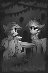 Size: 800x1214 | Tagged: safe, artist:ramiras, derpibooru import, derpy hooves, dinky hooves, lyra heartstrings, pegasus, pony, unicorn, fanfic:background pony, balloon, crying, dig the swell hoodie, fanfic art, female, grayscale, image, mare, monochrome, mother and child, mother and daughter, png, sitting, table
