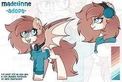 Size: 2368x1600 | Tagged: safe, artist:madelinne, derpibooru import, oc, unofficial characters only, bat pony, adoptable, adoptable open, adoption, bat pony oc, bat wings, bust, clothes, color palette, full body, happy, headphones, hoodie, image, png, portrait, reference sheet, simple background, solo, wings, zoom layer