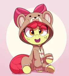 Size: 2118x2336 | Tagged: safe, artist:pabbley, derpibooru import, apple bloom, earth pony, pony, adorabloom, animal costume, clothes, costume, cute, daaaaaaaaaaaw, female, filly, foal, freckles, high res, image, jpeg, kigurumi, looking at you, open mouth, open smile, sitting, smiling, smiling at you, solo, underhoof