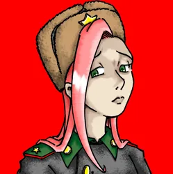Size: 1308x1311 | Tagged: safe, artist:vermillon-loup, derpibooru import, fluttershy, human, bust, clothes, female, hat, humanized, image, jpeg, red background, simple background, solo, soviet union, uniform