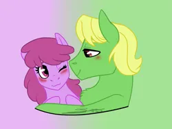 Size: 1221x920 | Tagged: safe, derpibooru import, edit, berry punch, berryshine, wensley, earth pony, pony, blushing, cropped, female, image, male, mare, one eye closed, png, shipping, stallion, straight, wenshine, wink