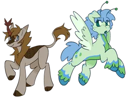 Size: 1591x1230 | Tagged: safe, artist:breakcqrpse, derpibooru import, oc, oc:raspberry spark, unofficial characters only, kirin, pegasus, derpibooru community collaboration, 2023 community collab, antennae, blank flank, blue eyes, blue mane, brown coat, brown mane, derpibooru exclusive, duo, duo male, green coat, horn, image, jumping, kirin oc, male, multicolored coat, original art, pegasus oc, png, red horn, simple background, spots, transparent background, wings