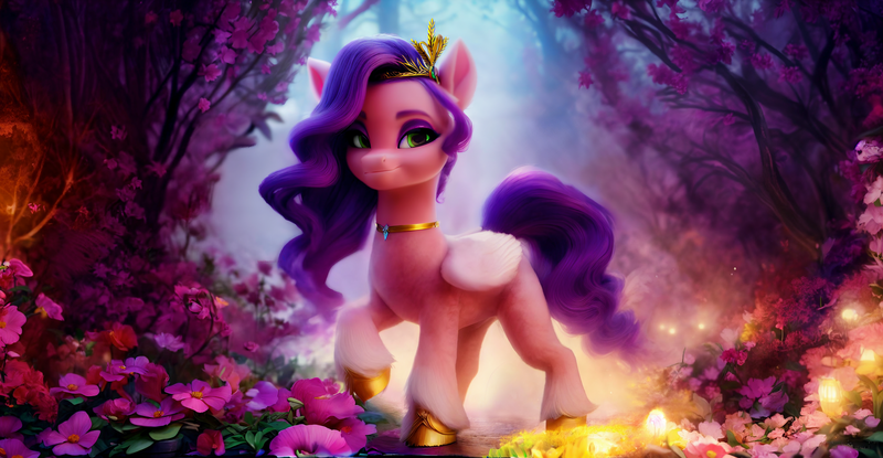 Size: 3328x1728 | Tagged: safe, derpibooru import, machine learning assisted, pipp petals, pegasus, pony, g5, detailed background, flower, forest, forest background, image, png, solo, tree, wallpaper