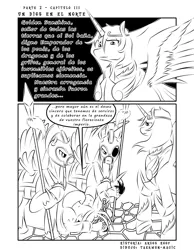 Size: 2551x3295 | Tagged: safe, artist:vermillon-loup, derpibooru import, oc, unofficial characters only, alicorn, pony, alicorn oc, clothes, dialogue, fanfic art, horn, image, jpeg, lineart, male, monochrome, royal guard, spanish, stallion, traditional art, wings