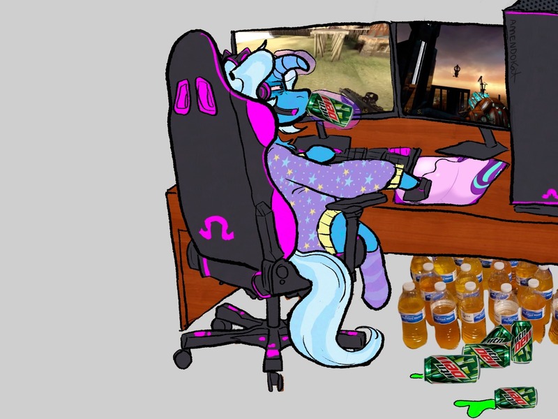 Size: 1600x1200 | Tagged: safe, artist:amendokat, derpibooru import, trixie, pony, unicorn, alternate hairstyle, babysitter trixie, chair, clothes, computer, computer desk, computer mouse, desk, female, gamer, gamer girl, gaming, gaming headset, half-life, half-life 2, headphones, headset, hoodie, image, jpeg, keyboard, mare, monitor, mountain dew, mousepad, office chair, pc, pigtails, sitting, socks, solo